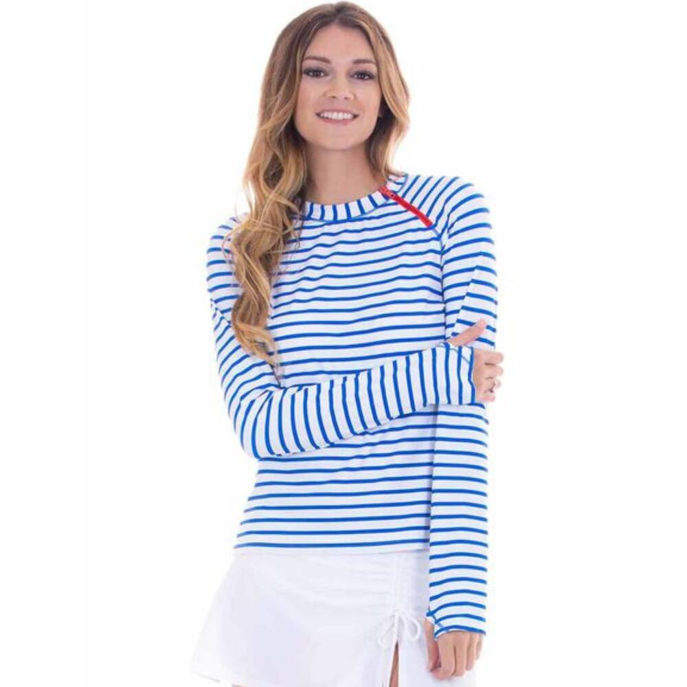 Cabana Life Women's Zipper Rash Guard in Blue & White Size Medium